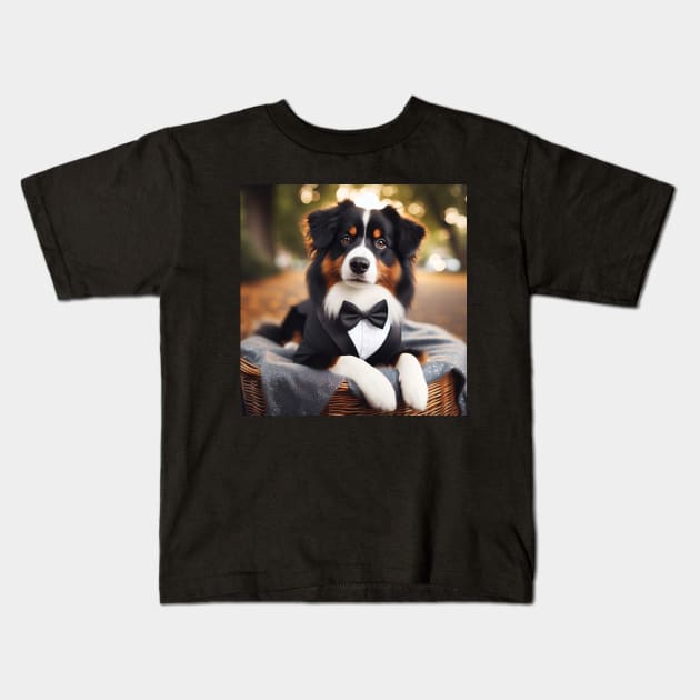 Australian shepherd dog in formal tuxedo suit Kids T-Shirt by nicecorgi